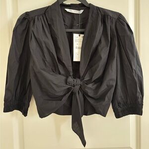 Zara Black Puff Sleeve Blouse with Tie Front